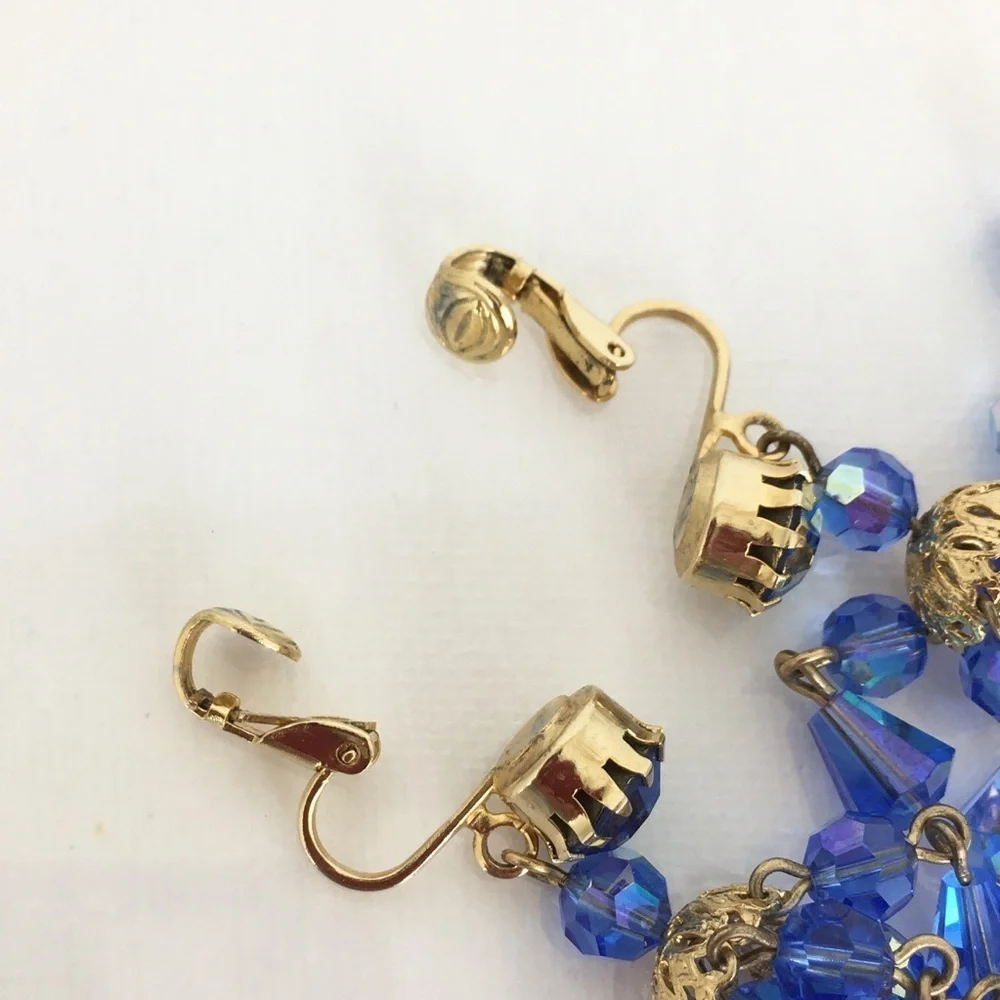 Vintage Hattie Carnegie Signed Austrian Crystal Blue Chandelier Clip Earrings